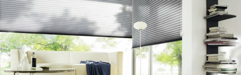 Bild Sonnenschutz in Modernem Wohnzimmer mit großen, mit grauen Rollos behangenen Fenstern, einem cremefarbenen Sofa, einem Couchtisch aus Glas und Regalen voller Bücher mit verschiedenen Produkten. T&K WOHNSTDIO - Raumausstattung, Bodenbeläge, Vinylboden, Parkett, Gardinen - Saarburger Straße 25, 67071 Ludwigshafen